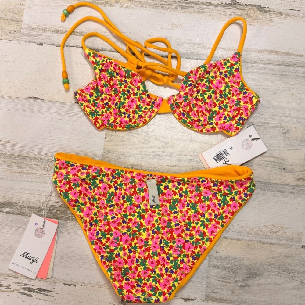 Maaji Reversible Bikini Set Women Medium Yellow Floral NWT Underwire Lace-up - Picture 3 of 6